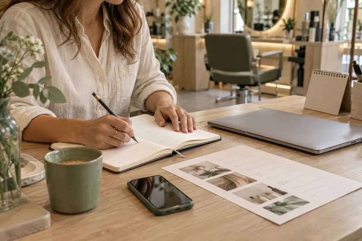 A stylist writing in a notebook at a salon desk beside a laptop, phone and service sheet.